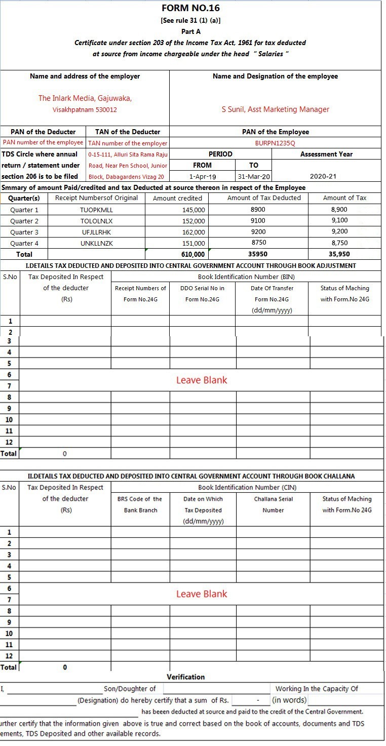 Form 16 Part A Excel Format For Ay 2020 21 