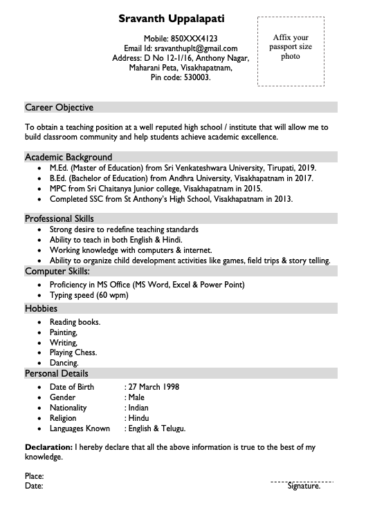 sample resume for teachers experience in india