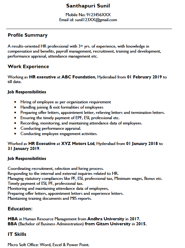 hr experience resume format