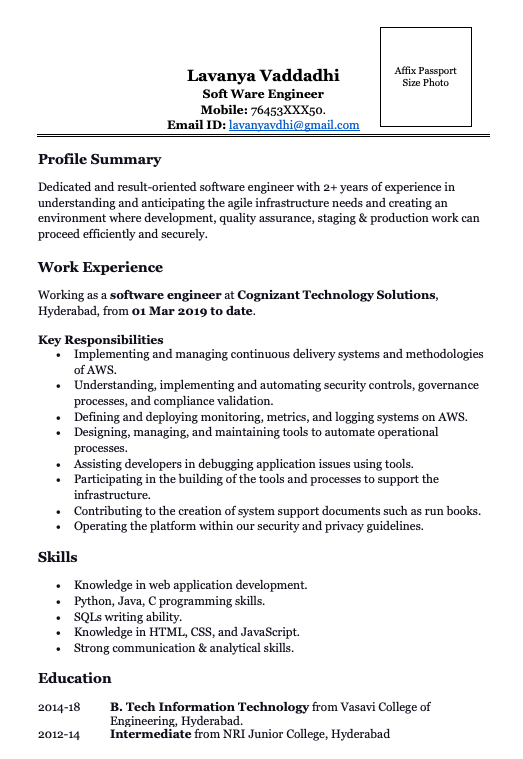 resume format for 2 years experience software engineer