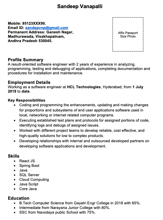 resume templatesindia