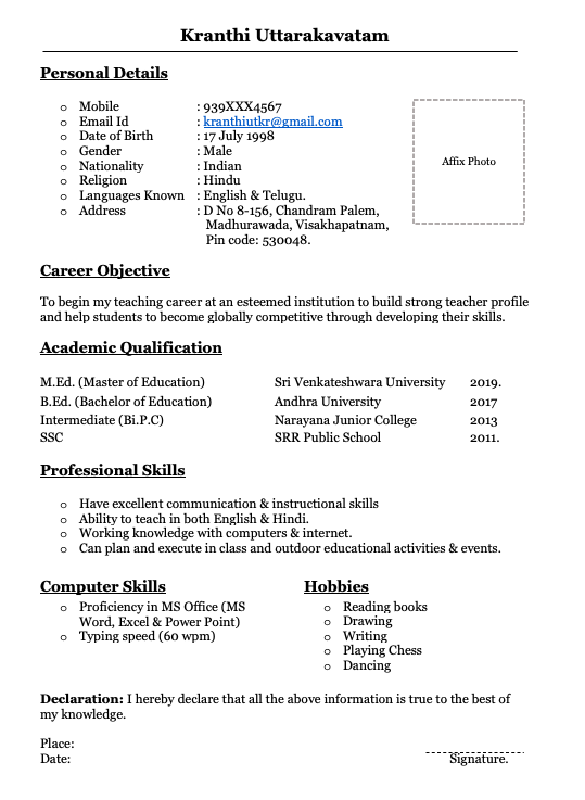sample resume for teacher in india word format free download
