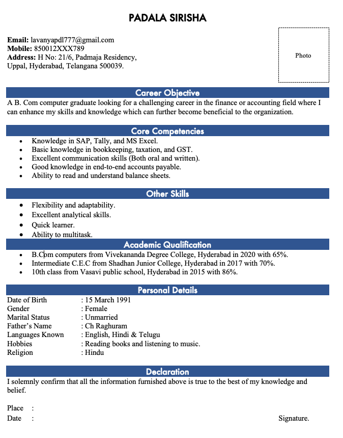 Sample Resumes for Freshers Download Word Format