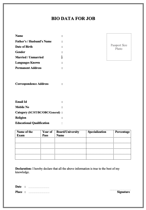 Bio Data Form For Job Application PDF