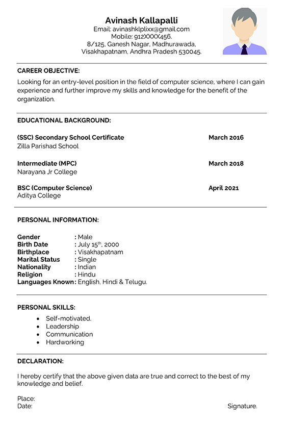 resume format for job declaration