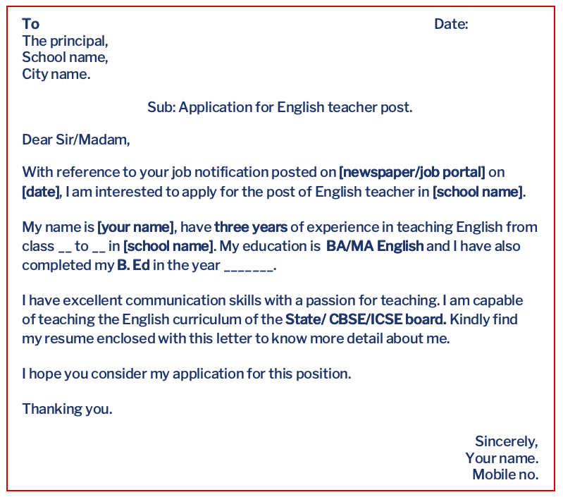 application letter for the post of a class teacher
