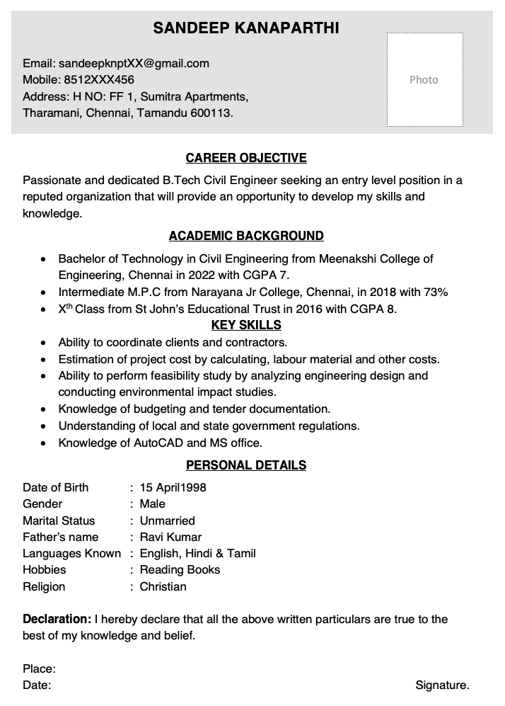 resume template for freshers engineers
