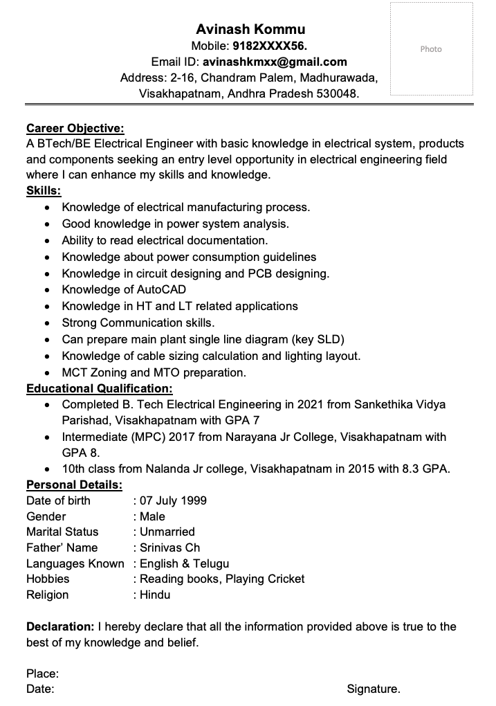 resume summary examples for engineering freshers