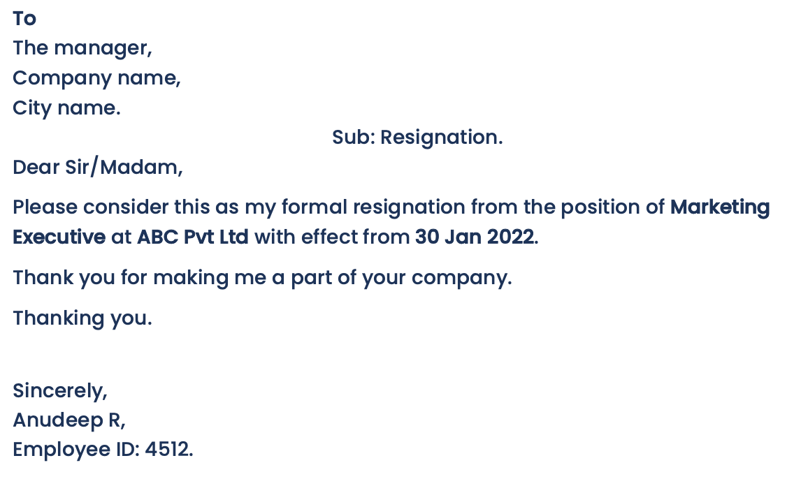 Short Resignation Email Format 