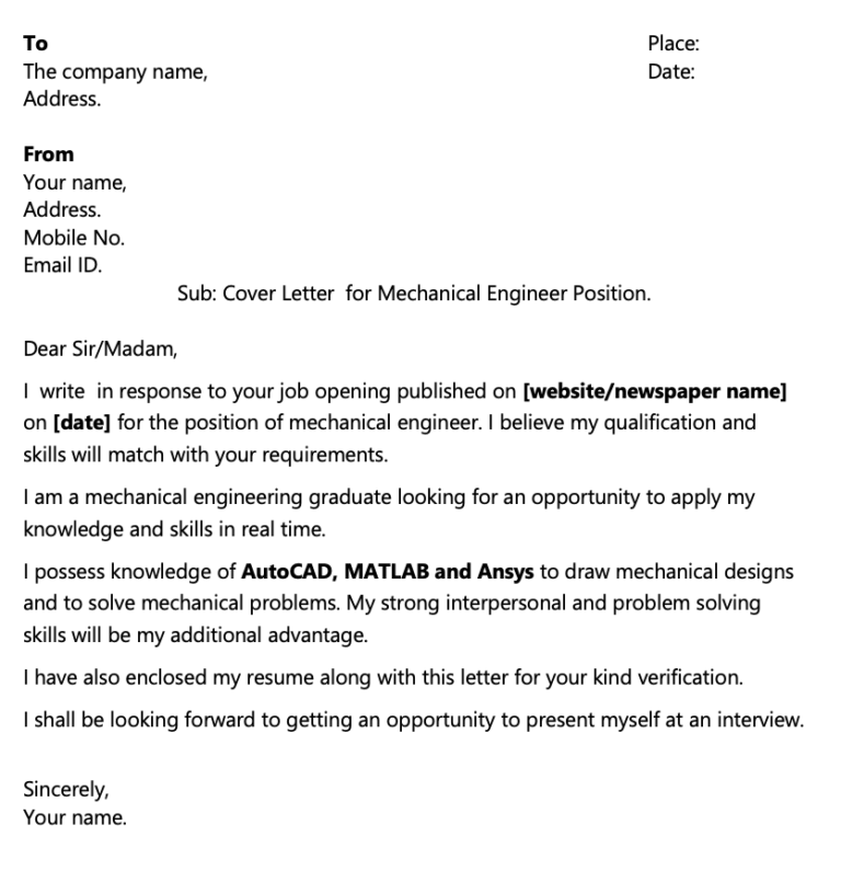 technical cover letter for mechanical engineer fresher