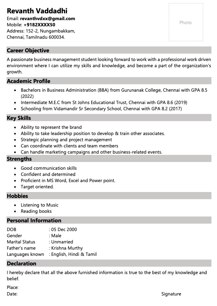 resume format for freshers with internship