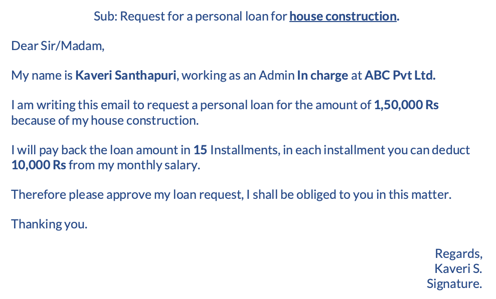 Email for personal loan from office