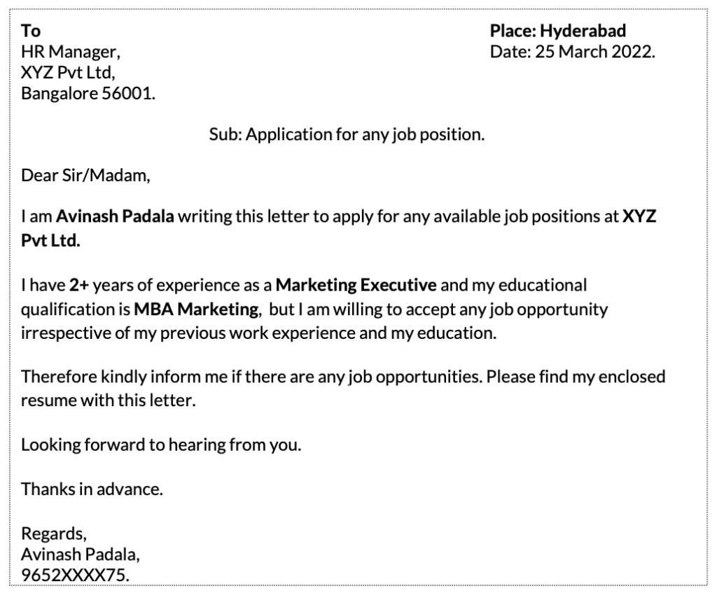 application letter sample for any position with experience