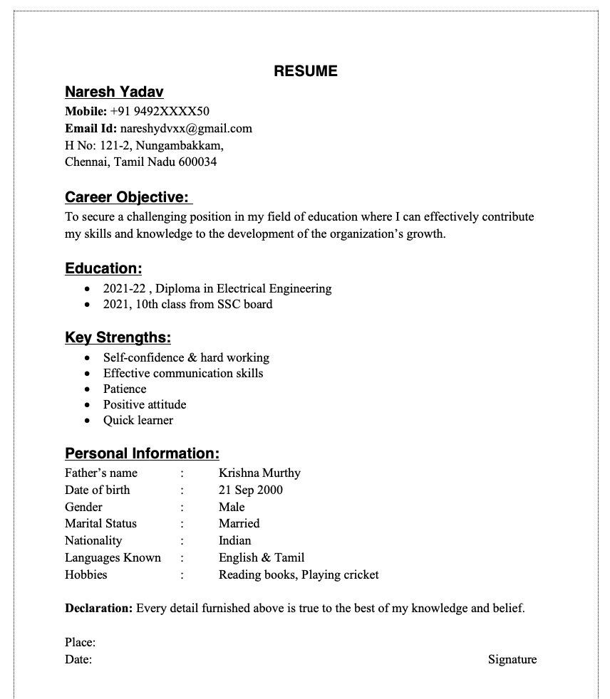 resume format for freshers in word simple