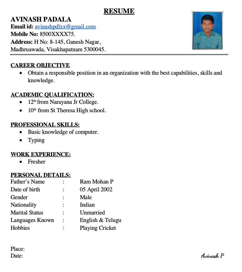 Simple Fresher Resume Format In Word 