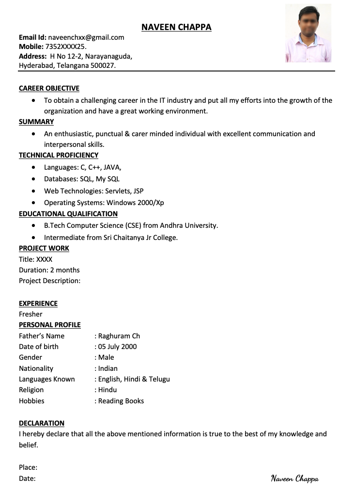 Simple Resume Formats for Freshers in Word [Free Download]