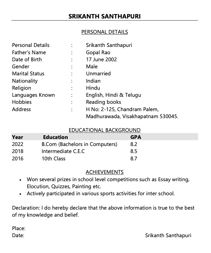 resume format for fresher 10th pass