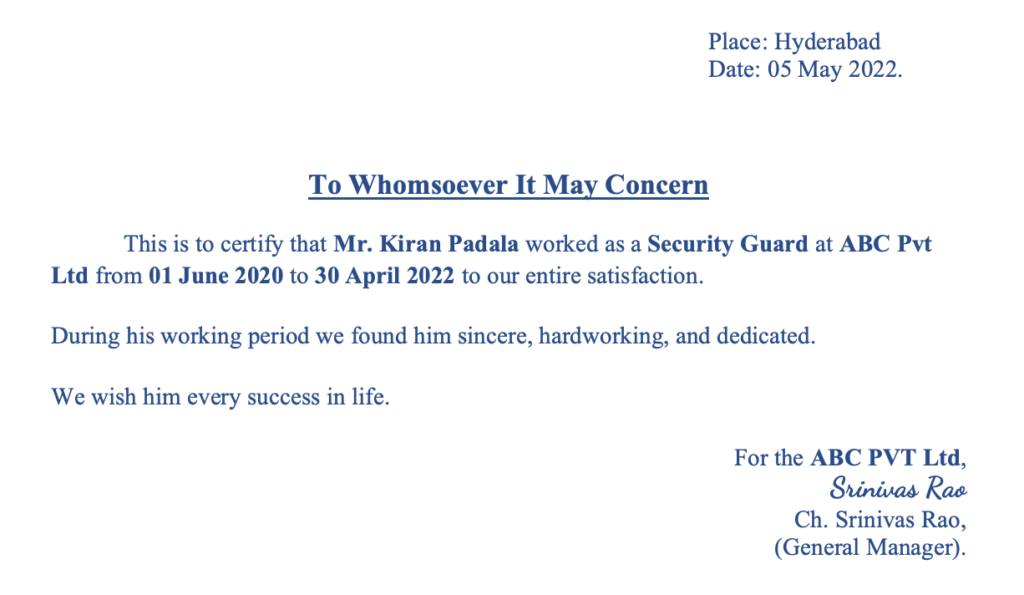 Security guard experience certificate doc