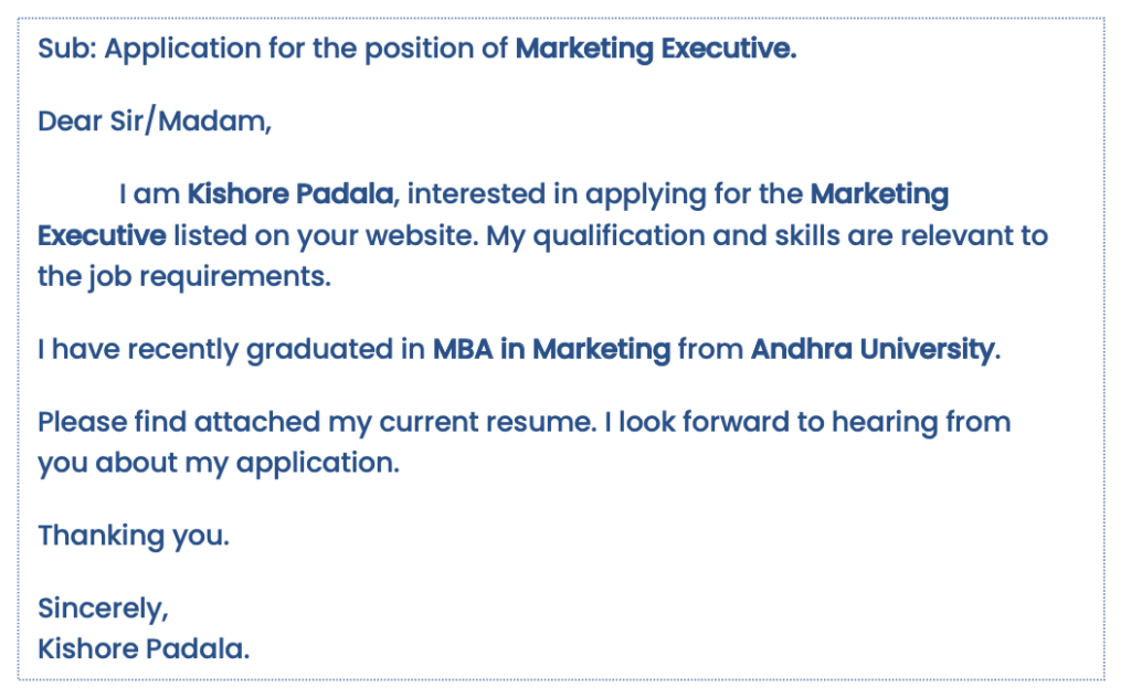 sample email for job application with resume for fresher