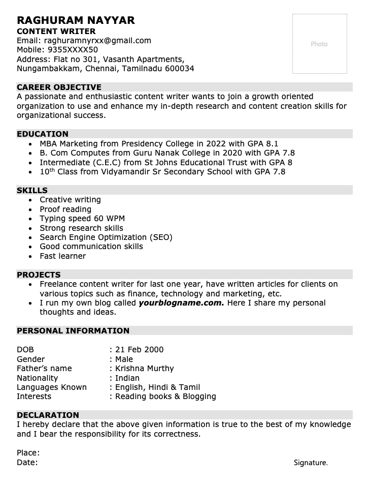 resume for content writer fresher