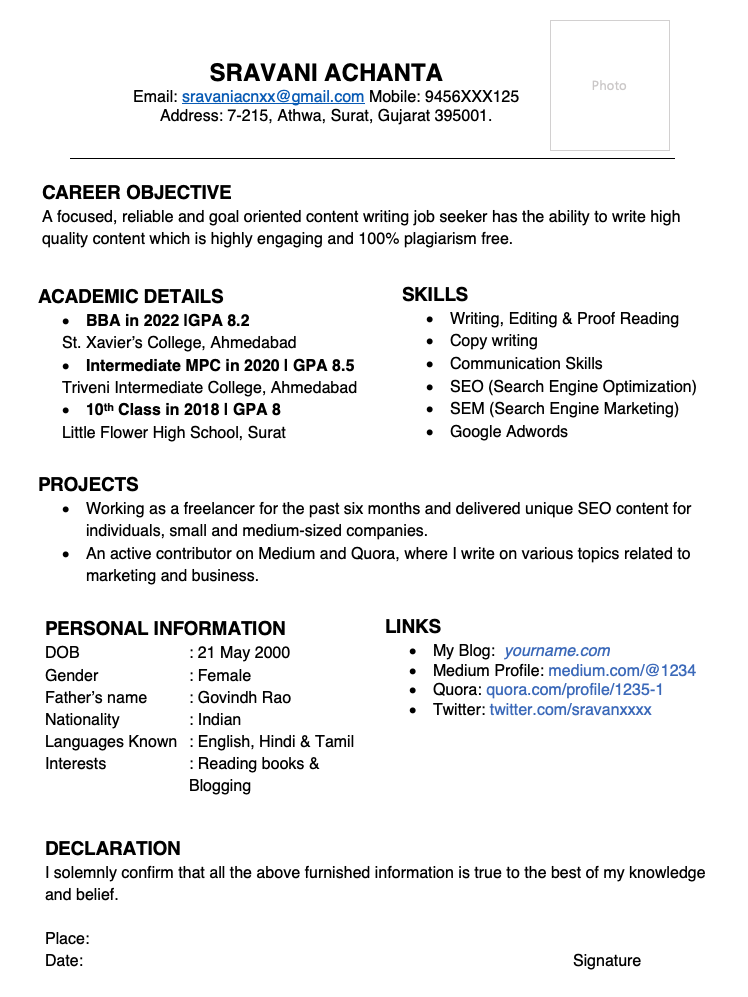 content writer resume template