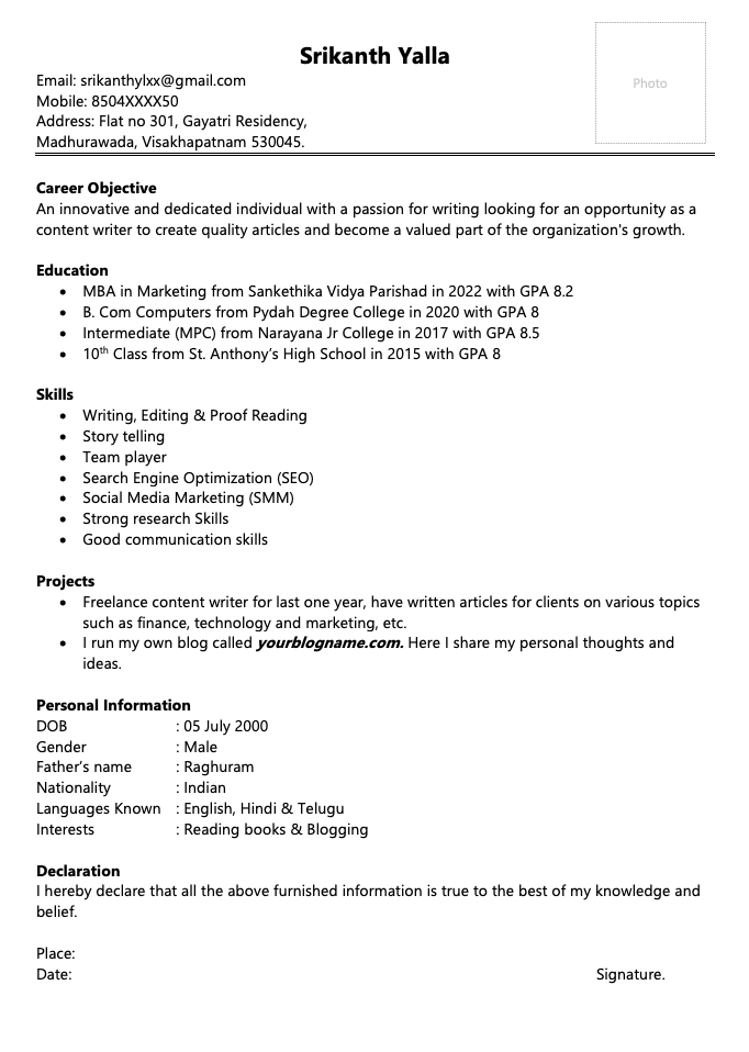 content writer resume pdf
