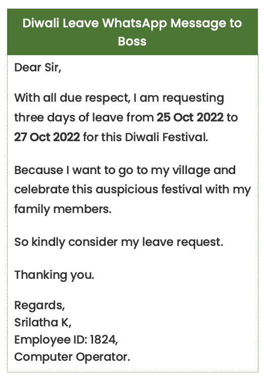 Diwali leave WhatsApp message to boss