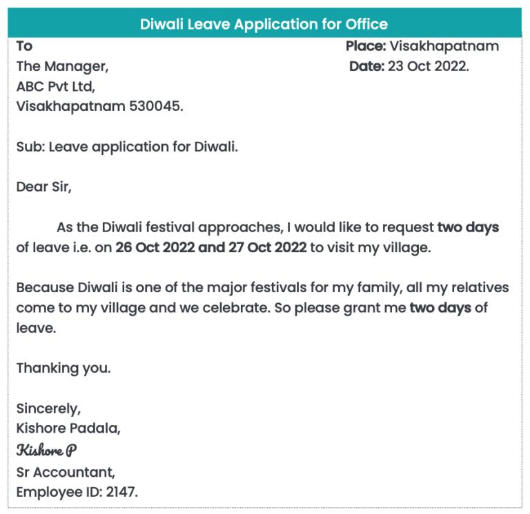 leave application letter for diwali vacation