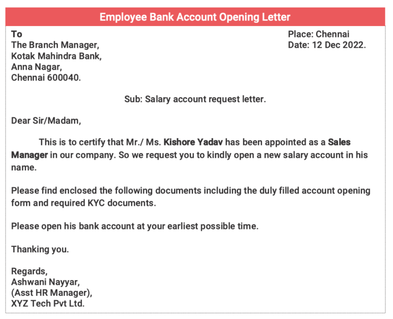 application letter for new salary account opening