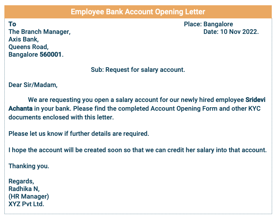 application letter for new salary account opening