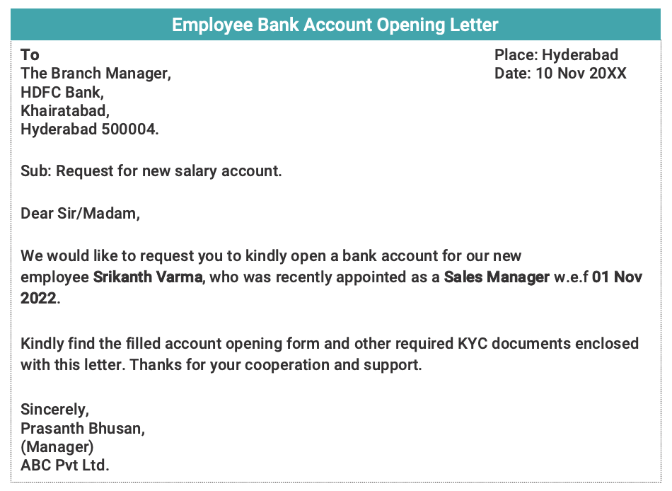 application letter for opening salary account in bank