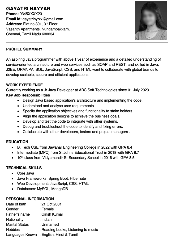 resume summary examples for 1 year experience