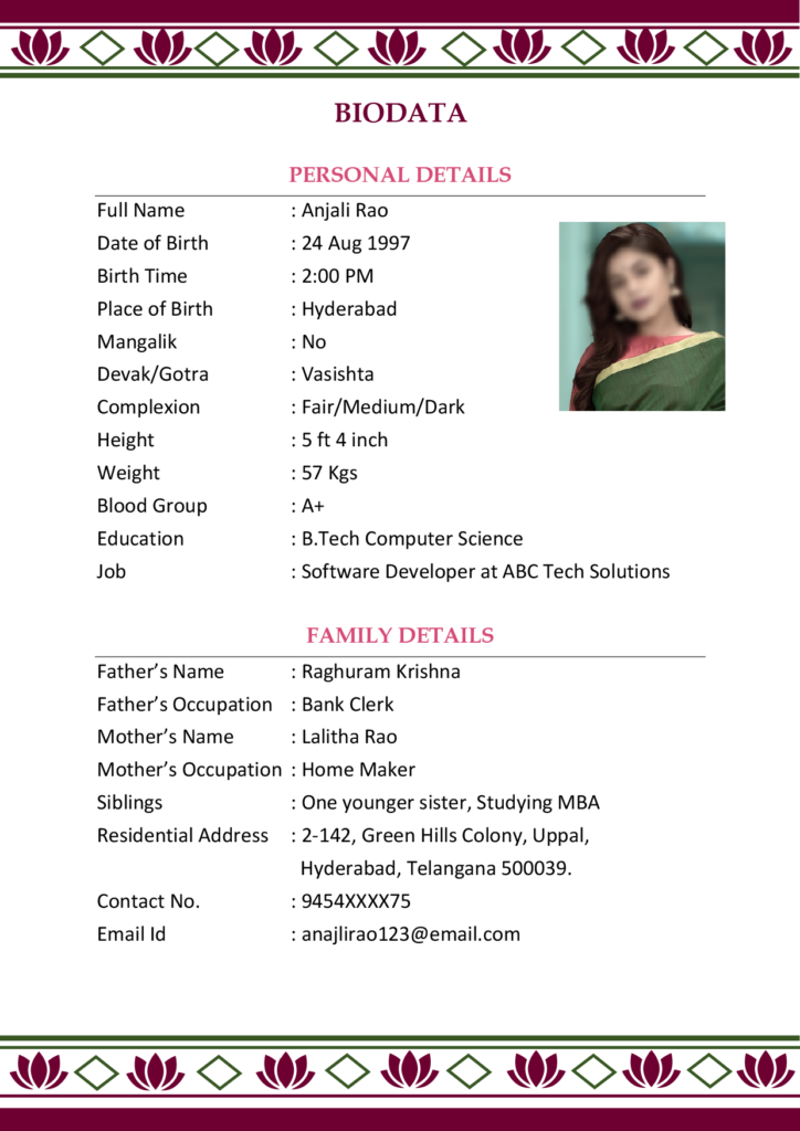 Indian girl marriage biodata in Word file
