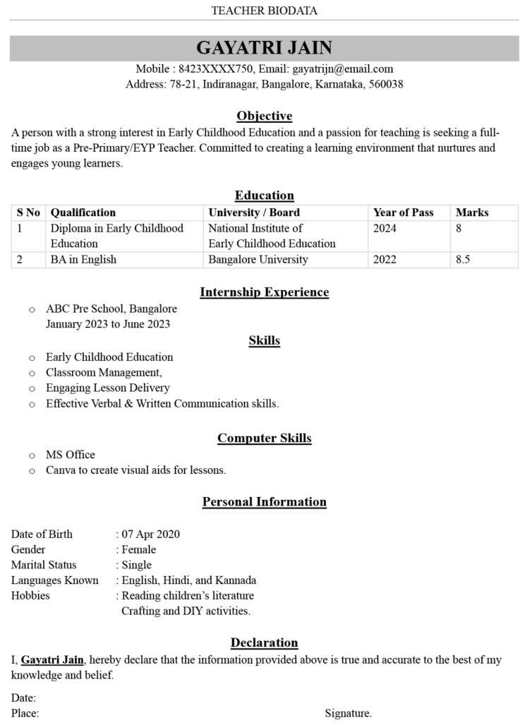 Teacher Biodata Format with No Experience Word Format